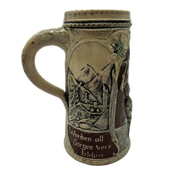 Vintage German Beer Stein Handpainted Couple Mountains Cabin - Picture 4 of 10